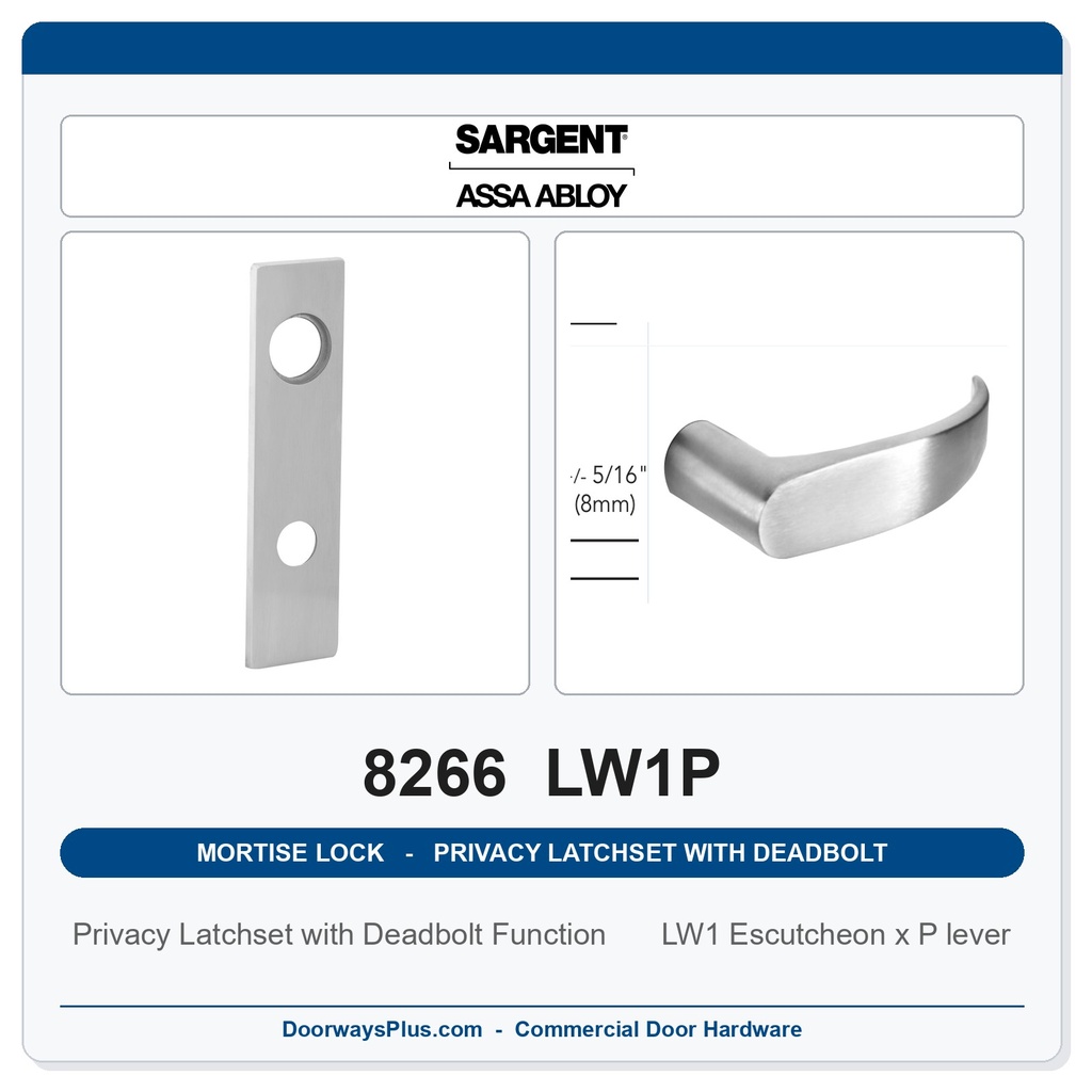 Sargent 8266 LW1P Trim Mortise Privacy Latchset with Deadbolt | Grade 1 Commercial