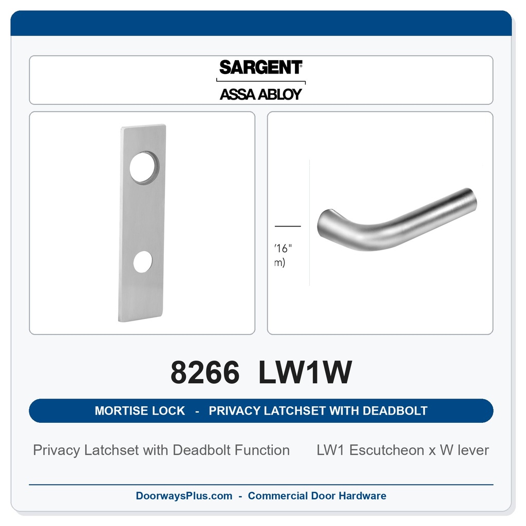 Sargent 8266 LW1W Trim Mortise Privacy Latchset with Deadbolt | Grade 1 Commercial