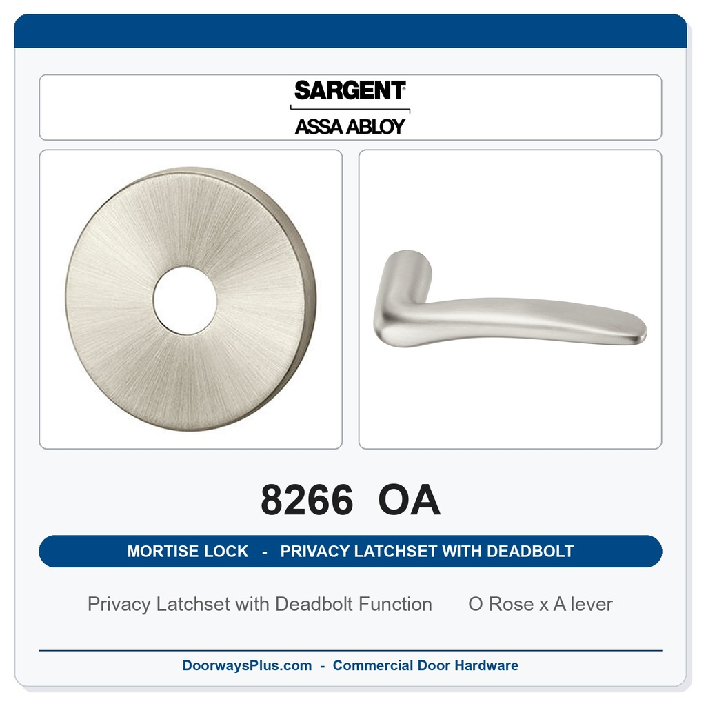 Sargent 8266 OA Trim Mortise Privacy Latchset with Deadbolt | Grade 1 Commercial