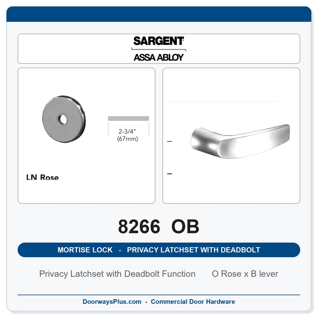 Sargent 8266 OB Trim Mortise Privacy Latchset with Deadbolt | Grade 1 Commercial