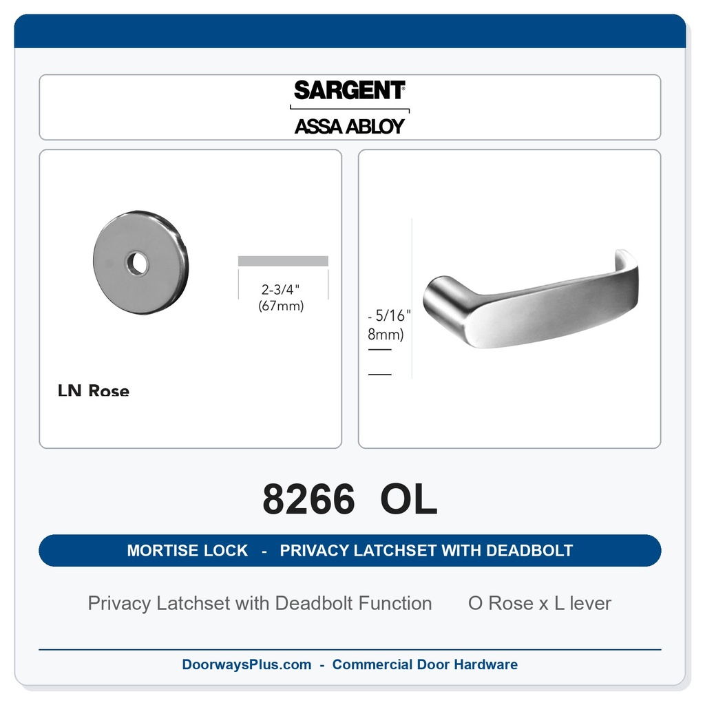 Sargent 8266 OL Trim Mortise Privacy Latchset with Deadbolt | Grade 1 Commercial