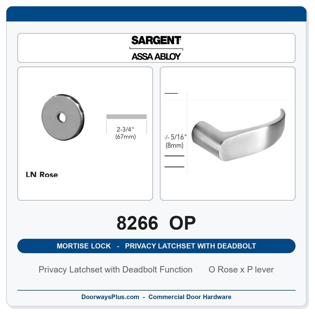 Sargent 8266 OP Trim Mortise Privacy Latchset with Deadbolt | Grade 1 Commercial