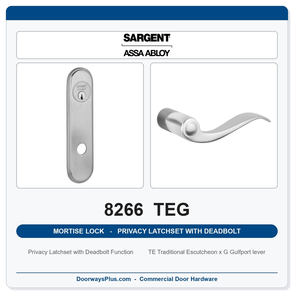 Sargent 8266 TEG Trim Mortise Privacy Latchset with Deadbolt | Grade 1 Commercial