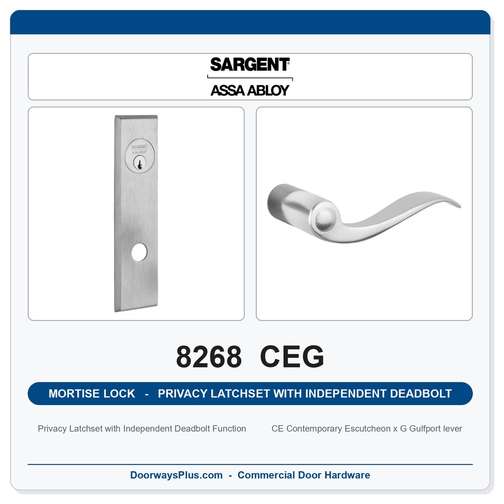 Sargent 8268 CEG Trim Mortise Privacy Latchset with Independent Deadbolt | Grade 1 Commercial