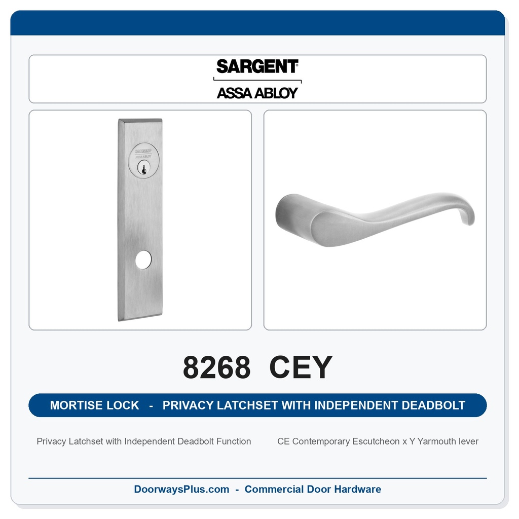 Sargent 8268 CEY Trim Mortise Privacy Latchset with Independent Deadbolt | Grade 1 Commercial