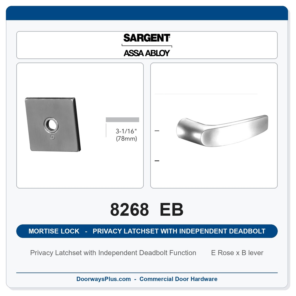 Sargent 8268 EB Trim Mortise Privacy Latchset with Independent Deadbolt | Grade 1 Commercial