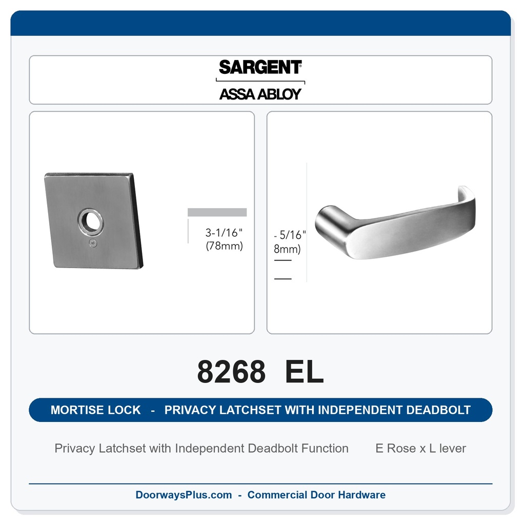 Sargent 8268 EL Trim Mortise Privacy Latchset with Independent Deadbolt | Grade 1 Commercial