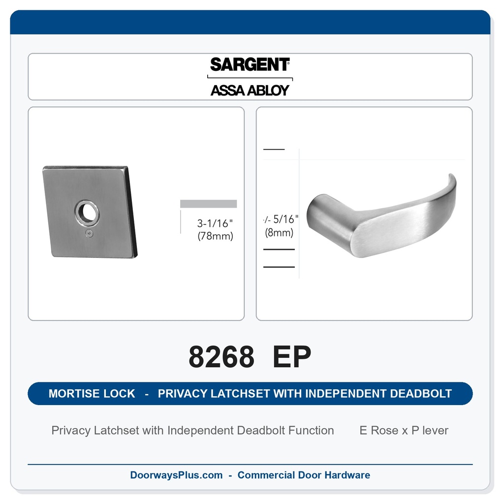 Sargent 8268 EP Trim Mortise Privacy Latchset | Independent Deadbolt | Grade 1