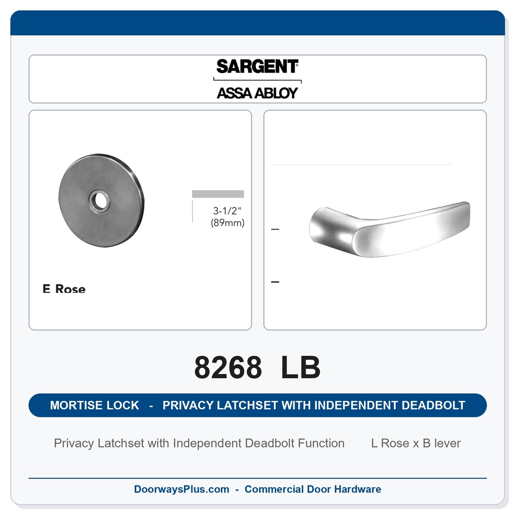 Sargent 8268 LB Trim Mortise Privacy Latchset with Independent Deadbolt | Grade 1 Commercial