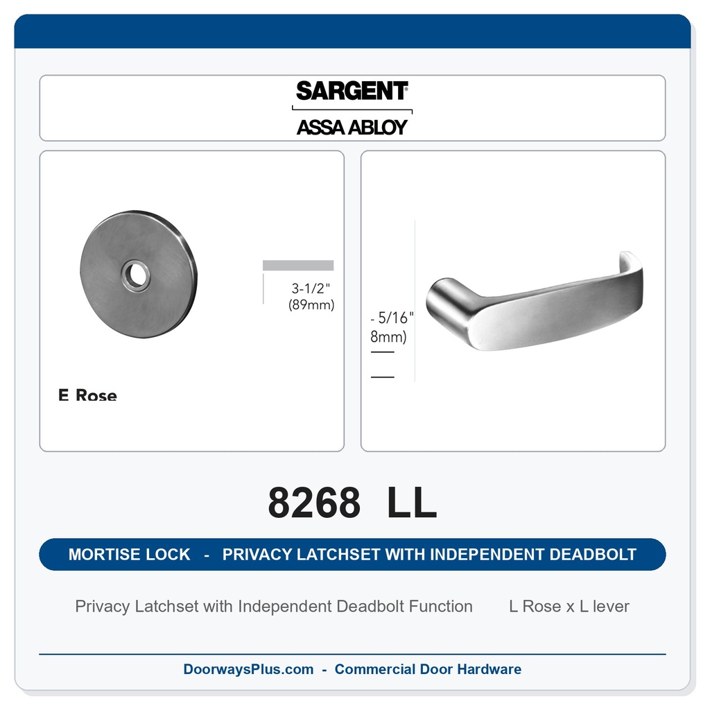 Sargent 8268 LL Trim Mortise Privacy Latchset with Independent Deadbolt | Grade 1 Commercial