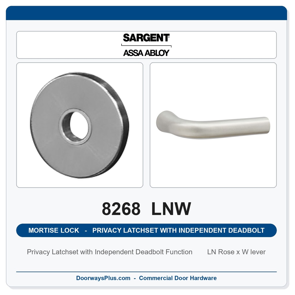 Sargent 8268 LNW Trim Mortise Privacy Latchset with Independent Deadbolt | Grade 1 Commercial