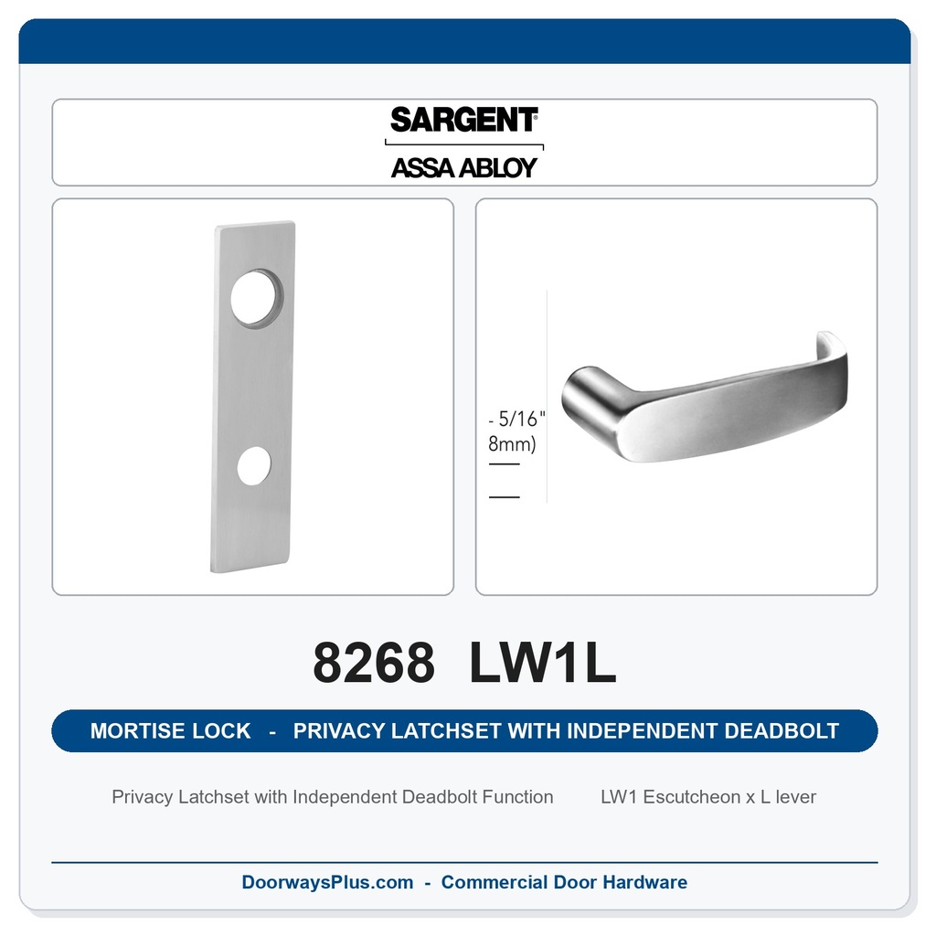Sargent 8268 LW1L Trim Mortise Privacy Latchset with Independent Deadbolt | Grade 1 Commercial