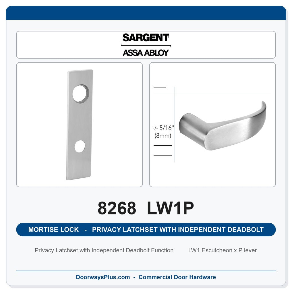 Sargent 8268 LW1P Trim Mortise Privacy Latchset with Independent Deadbolt | Grade 1 Commercial