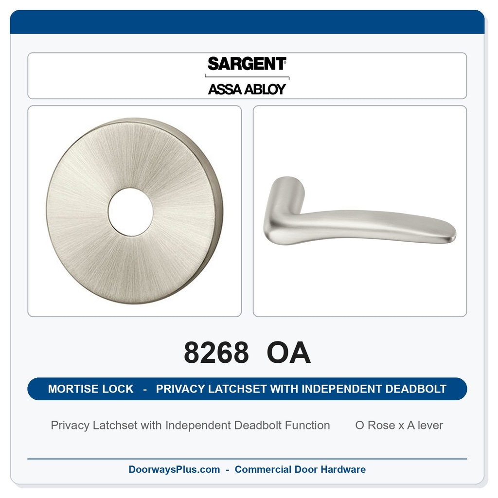 Sargent 8268 OA Trim Mortise Privacy Latchset with Independent Deadbolt | Grade 1 Commercial