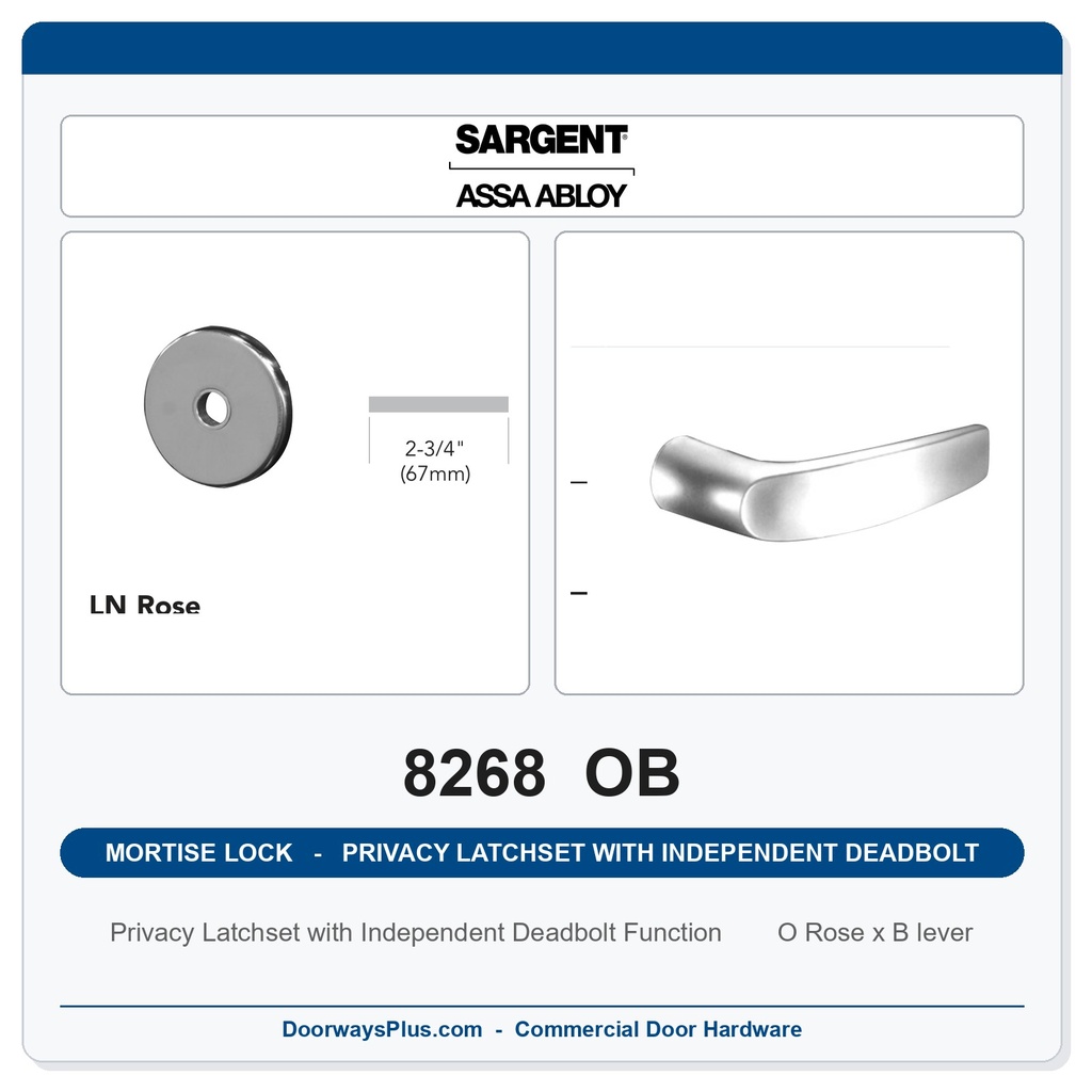 Sargent 8268 OB Trim Mortise Privacy Latchset with Independent Deadbolt | Grade 1 Commercial