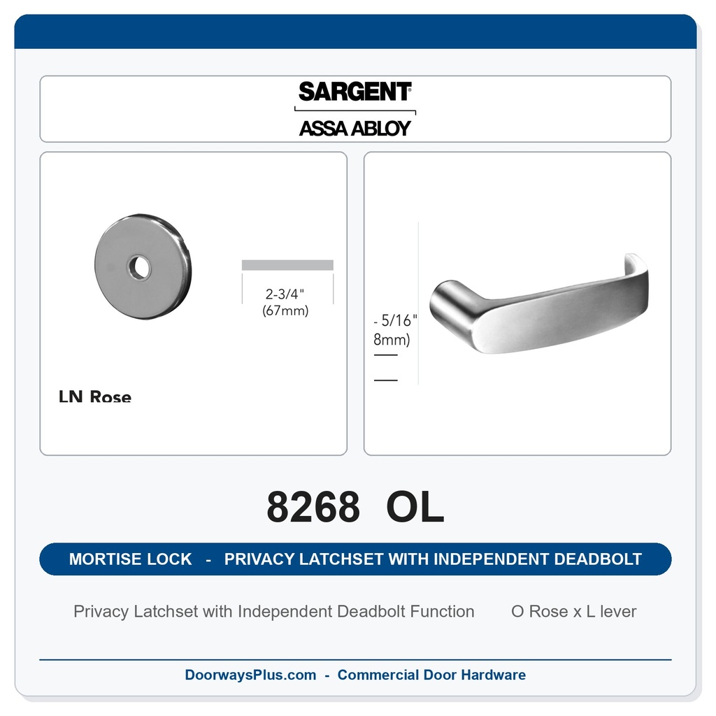 Sargent 8268 OL Trim Mortise Privacy Latchset with Independent Deadbolt | Grade 1 Commercial