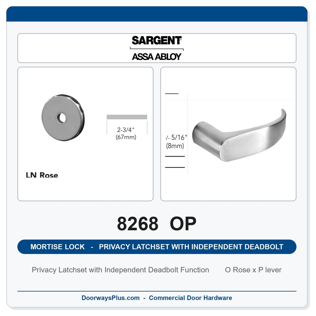Sargent 8268 OP Trim Mortise Privacy Latchset with Independent Deadbolt | Grade 1 Commercial