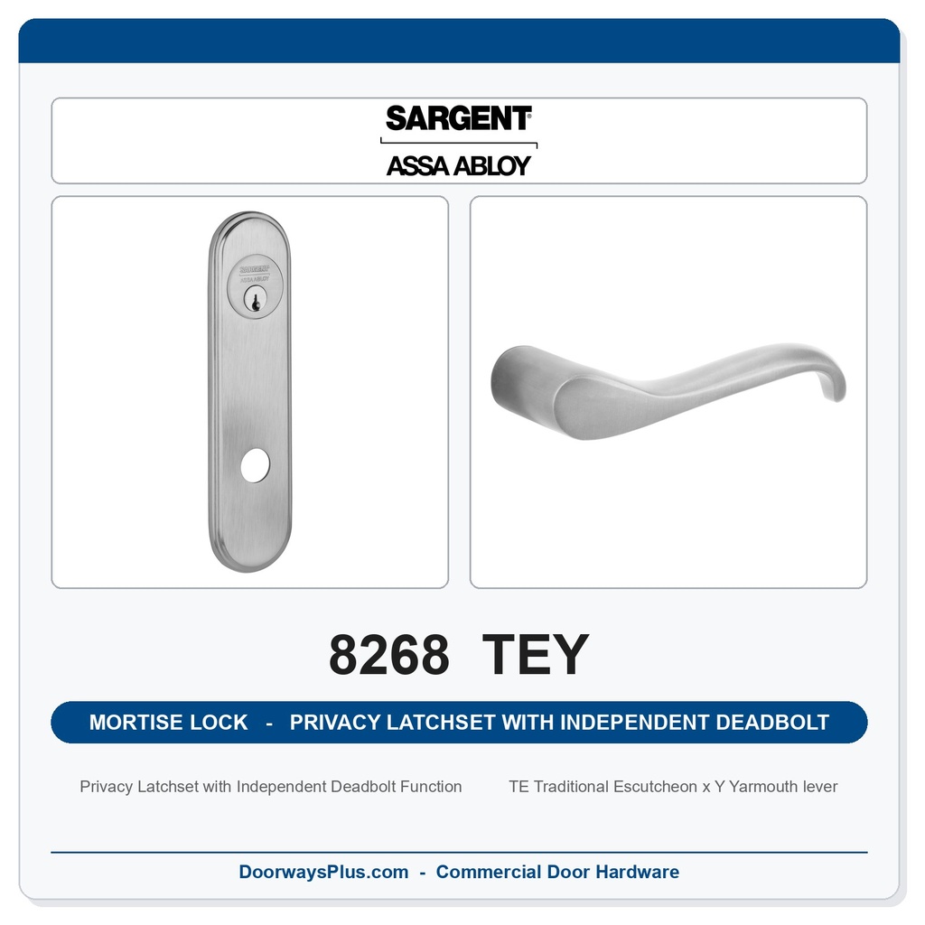 Sargent 8268 TEY Trim Mortise Privacy Latchset with Independent Deadbolt | Grade 1 Commercial