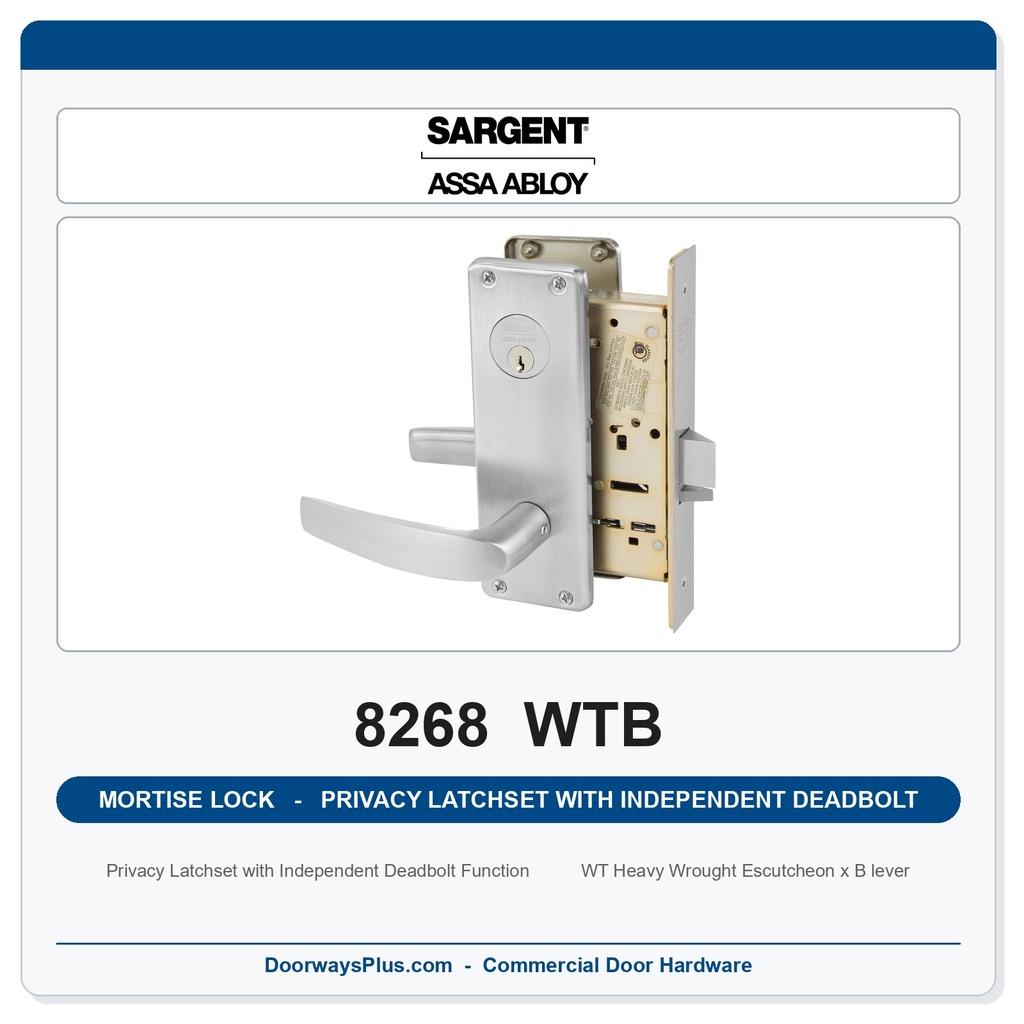 Sargent 8268 WTB Trim Mortise Privacy Latchset with Independent Deadbolt | Grade 1 Commercial