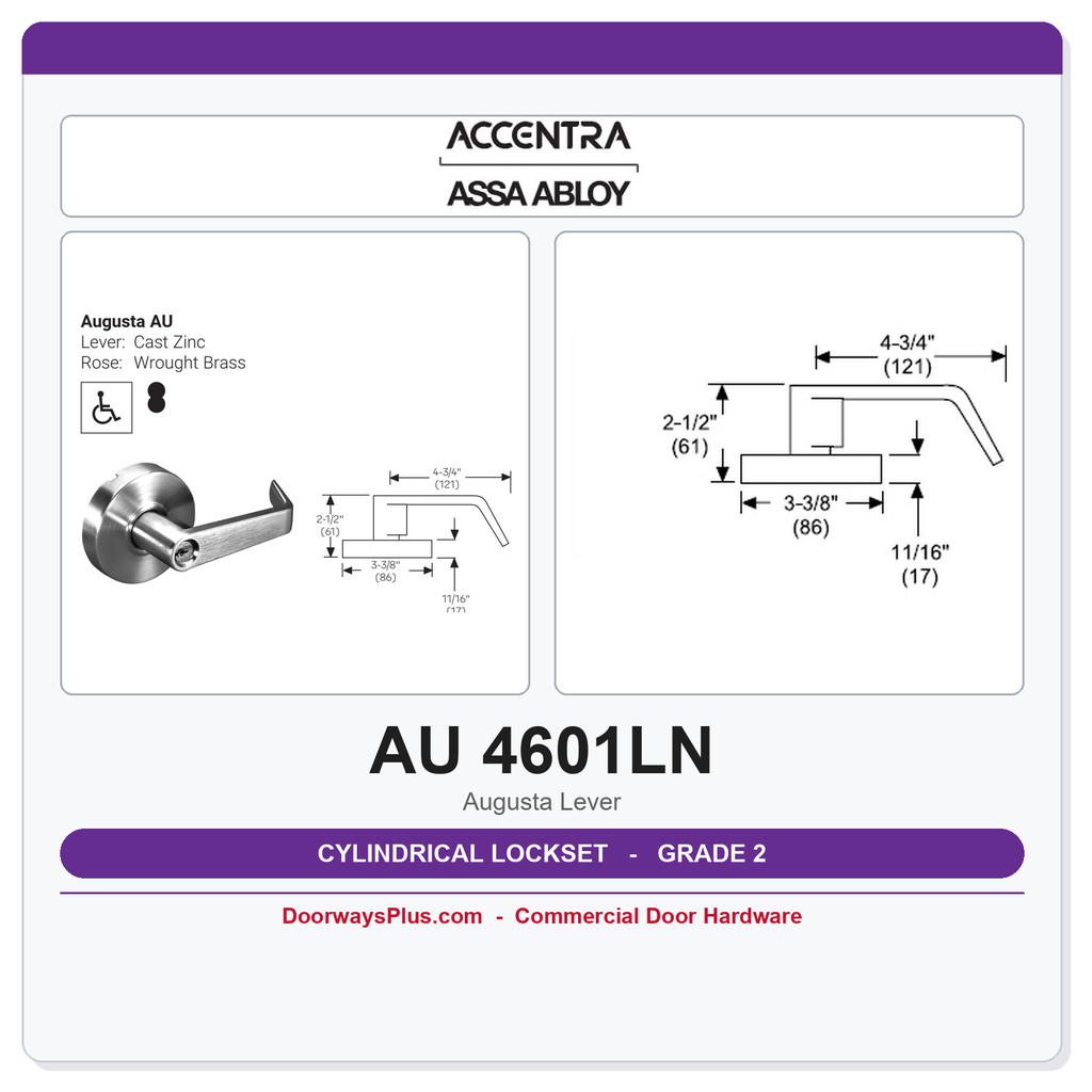 Accentra AU 4601LN Grade 2 Passage Latchset | Formerly Yale | ADA, UL Fire Rated