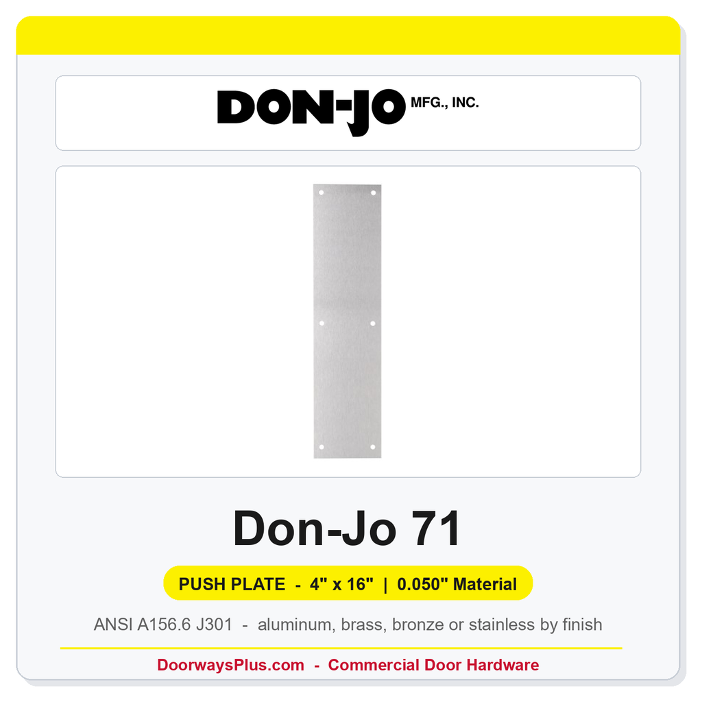 Don-Jo 71 Push Plate | 4" x 16" x .050" | Multiple Finishes