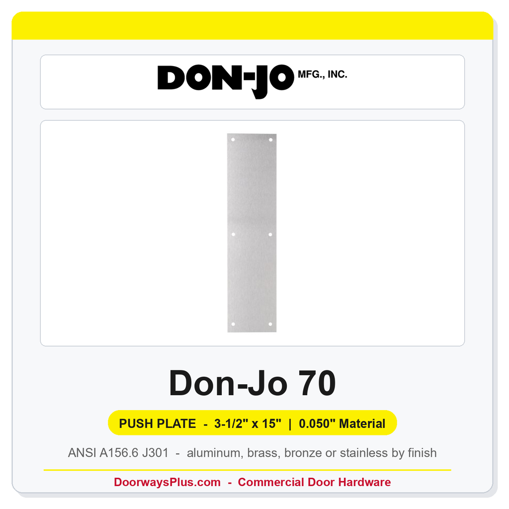 Don-Jo 70 Push Plate | 3.5" x 15" x 0.050" | Multiple Finishes