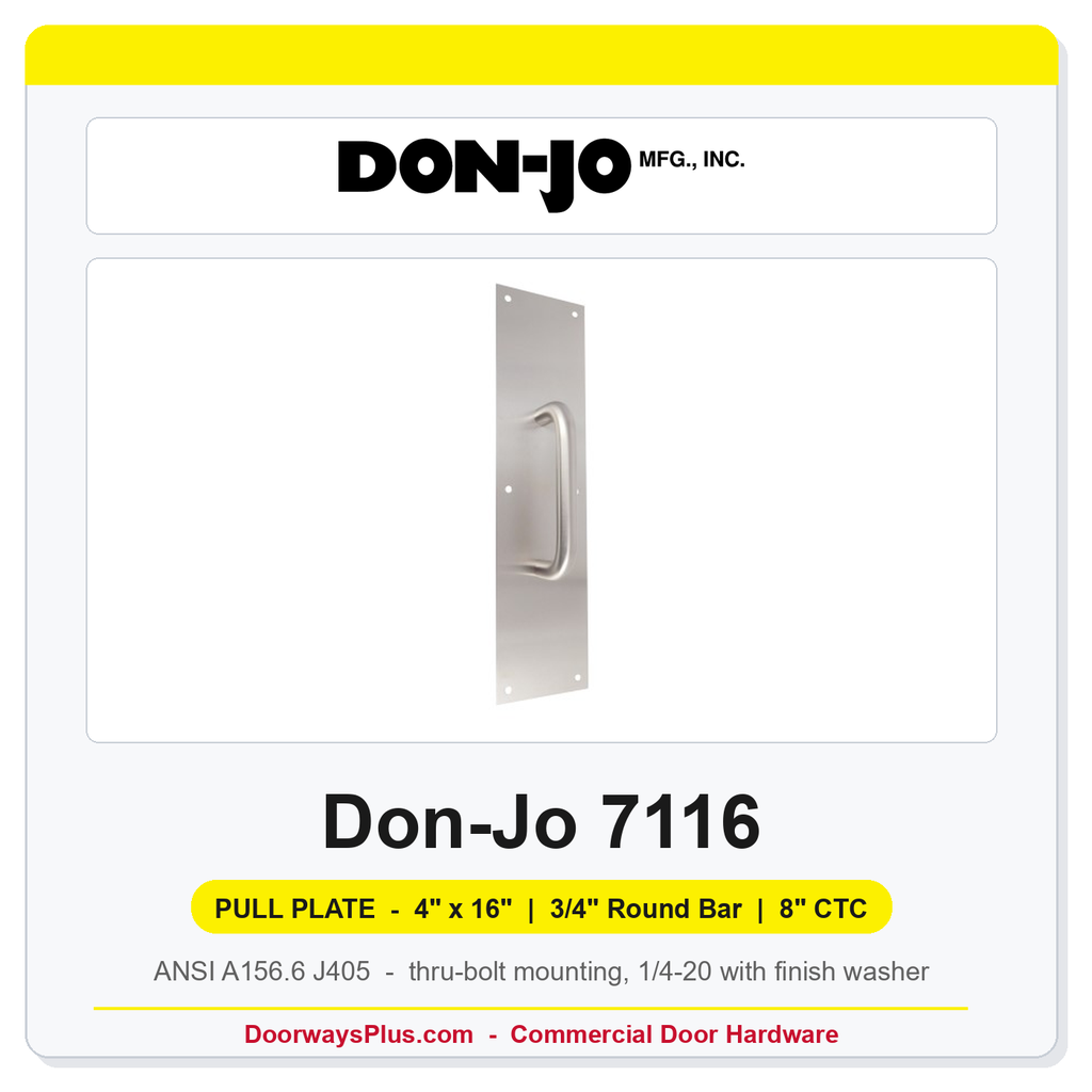 Don-Jo 7116 Pull Plate | 4" x 16" | 3/4" round bar | 8" CTC