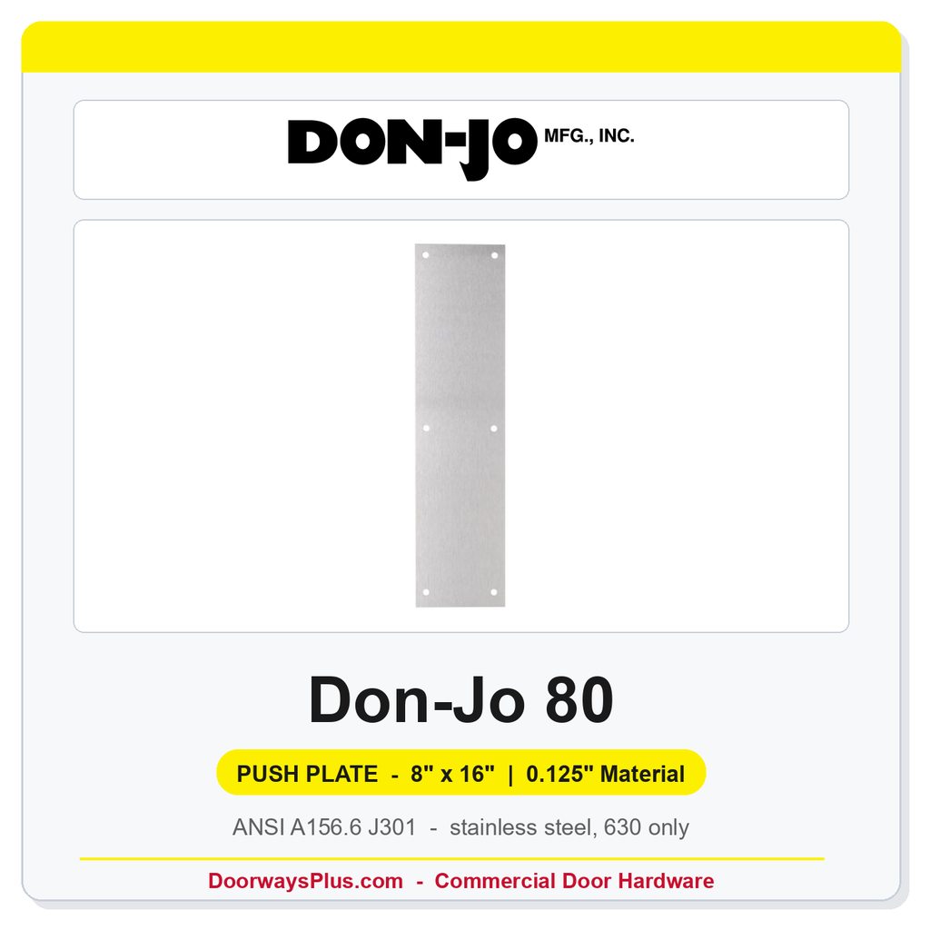 Don-Jo 80 Push Plate | 8" x 16" x 0.125" | Multiple Finishes