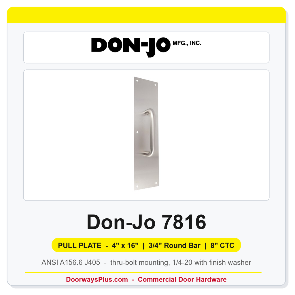 Don-Jo 7816 Pull Plate | 4" x 16" | 3/4" round bar | 8" CTC