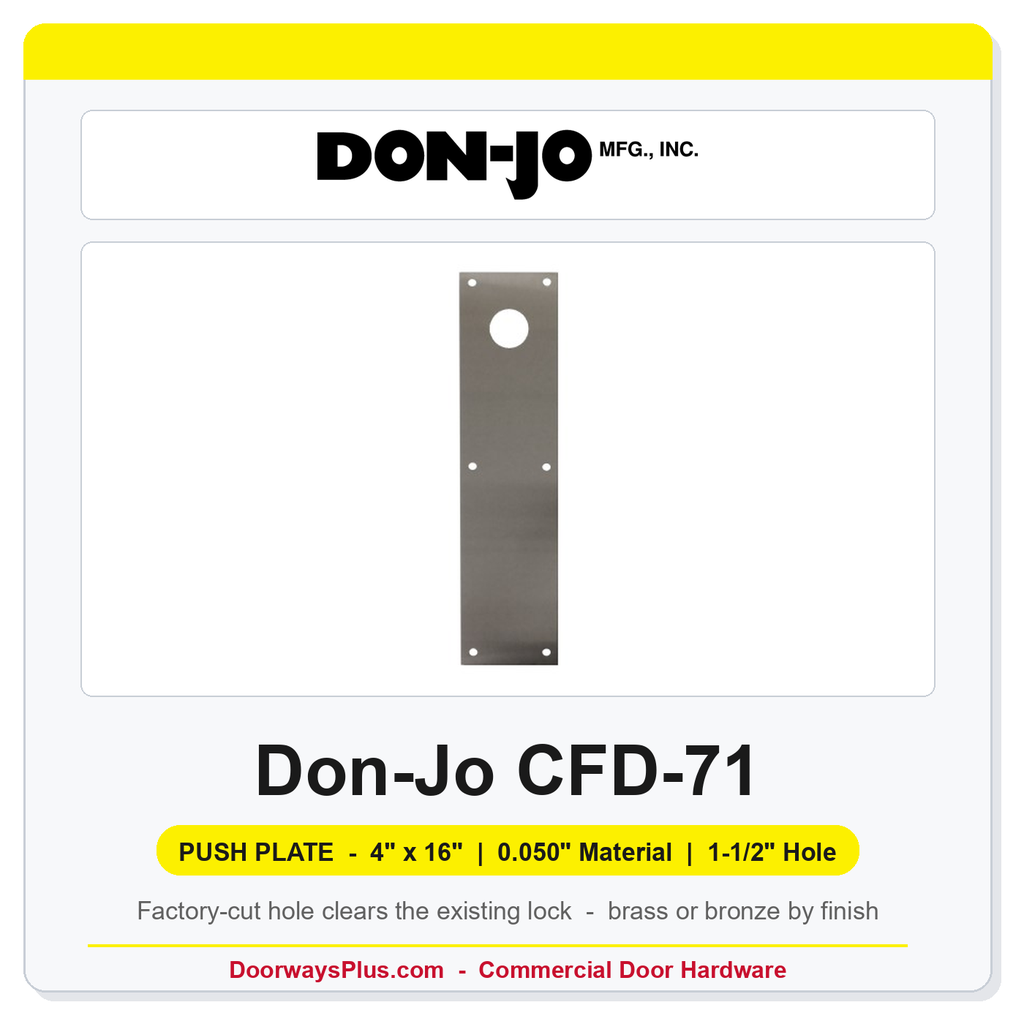 Don-Jo CFD-71 Push Plate | 4" x 16" x 0.050" | 1-1/2" Hole