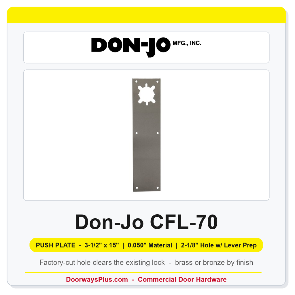 Don-Jo CFL-70 Push Plate | 3.5" x 15" x 0.050" | 2-1/8" Hole w/ Lever Prep