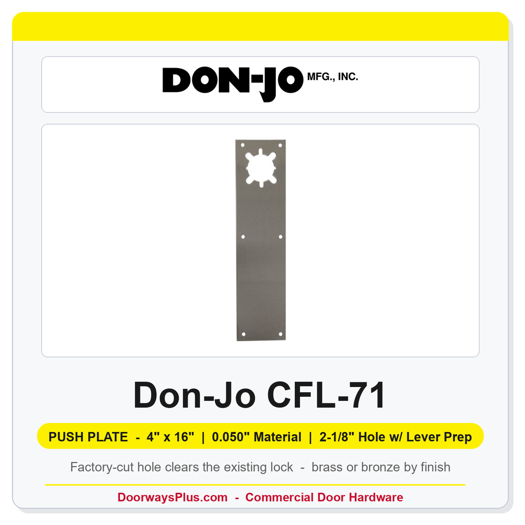 Don-Jo CFL-71 Push Plate | 4" x 16" x 0.050" | 2-1/8" Hole w/ Lever Prep