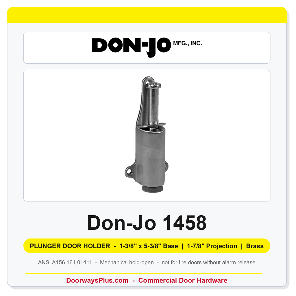 Don-Jo 1458 Plunger Door Holder | 1-3/8" x 5-3/8" Base, 1-7/8" Projection | Brass | ANSI L01411