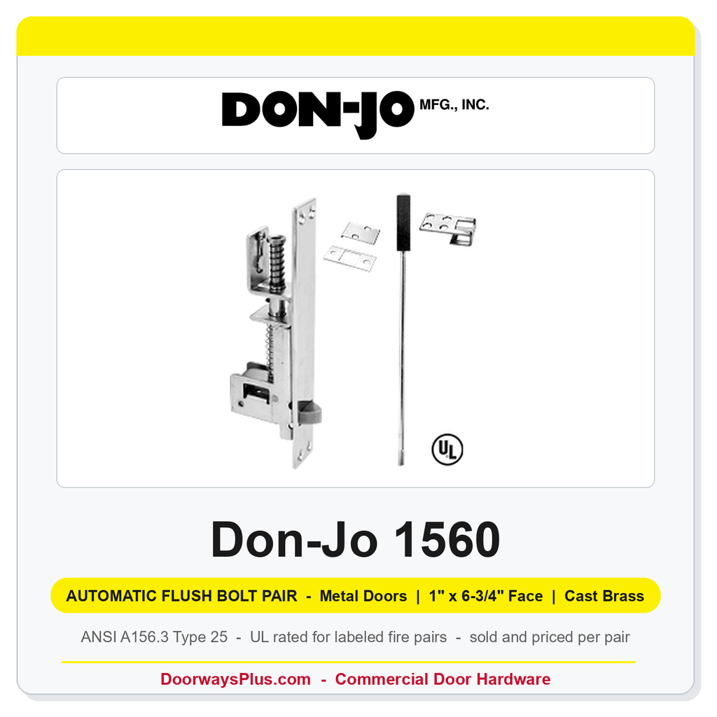 Don-Jo 1560 Automatic Flush Bolt Pair | Cast Brass | UL | ANSI A156.3 Type 25 | Metal Doors