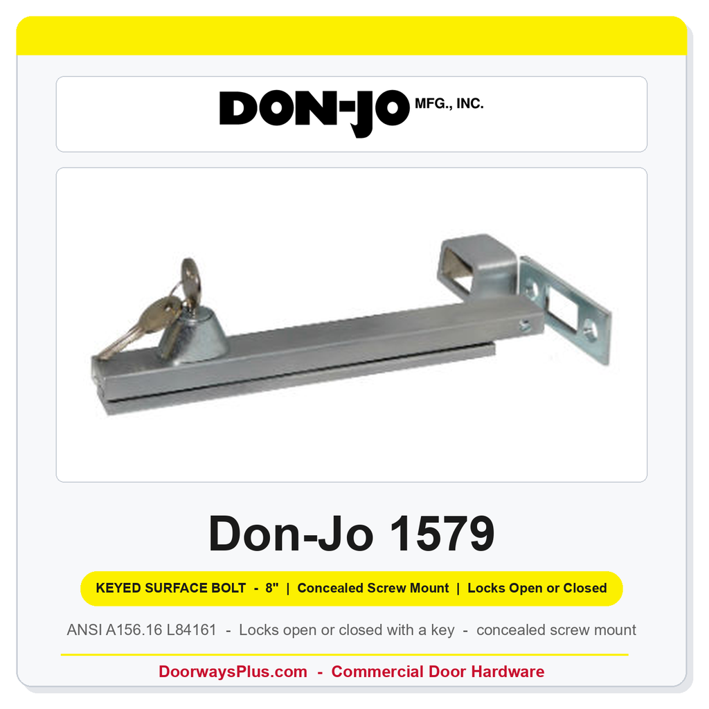 Don-Jo 1579 Keyed Surface Bolt | 8", Concealed Screw Mount, Locks Open or Closed | Steel | ANSI L84161