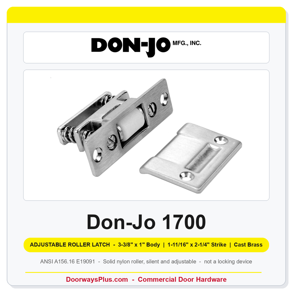 Don-Jo 1700 Adjustable Roller Latch | 3-3/8" x 1" Body, 1-11/16" x 2-1/4" Strike | Cast Brass | ANSI E19091