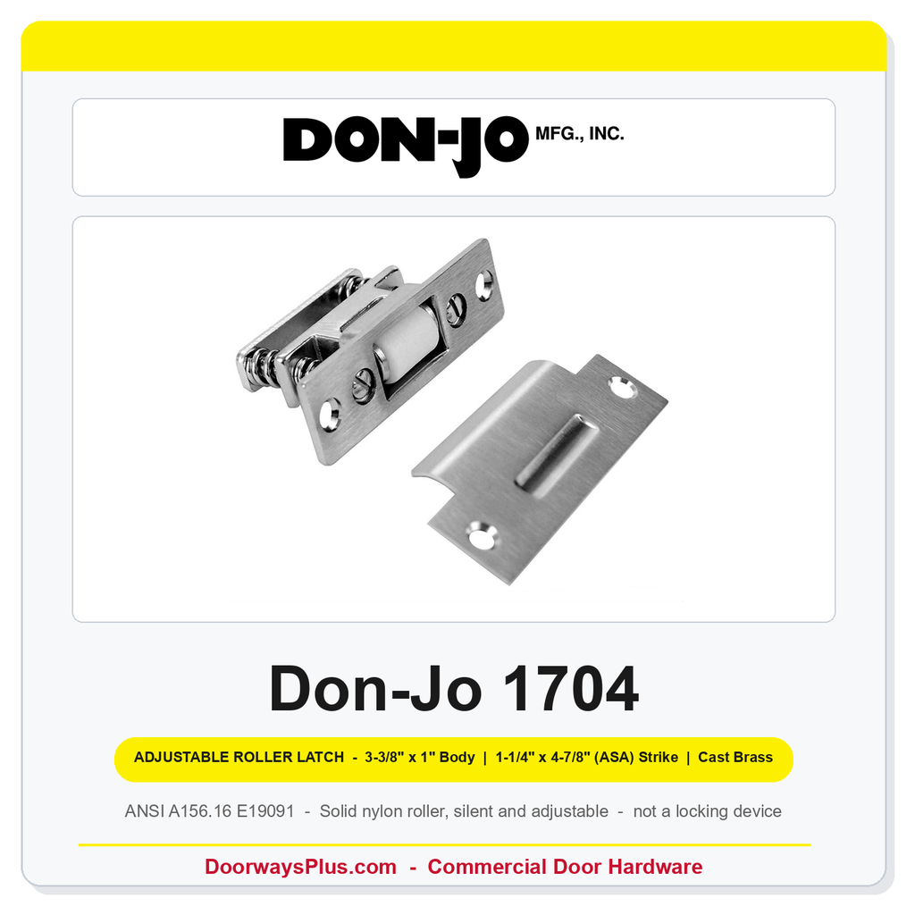 Don-Jo 1704 Adjustable Roller Latch | 3-3/8" x 1" Body, 1-1/4" x 4-7/8" (ASA) Strike | Cast Brass | ANSI E19091