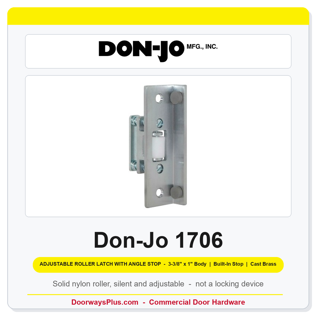 Don-Jo 1706 Adjustable Roller Latch with Angle Stop | 3-3/8" x 1" Body, Built-In Stop | Cast Brass