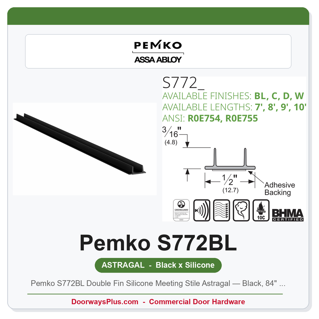 Pemko S772BL Double Fin Silicone Meeting Stile Astragal — Black, 84" or 96"