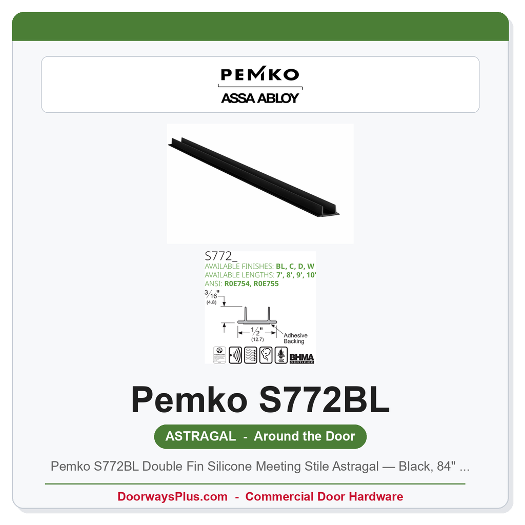 Pemko S772BL Double Fin Silicone Meeting Stile Astragal — Black, 84" or 96"