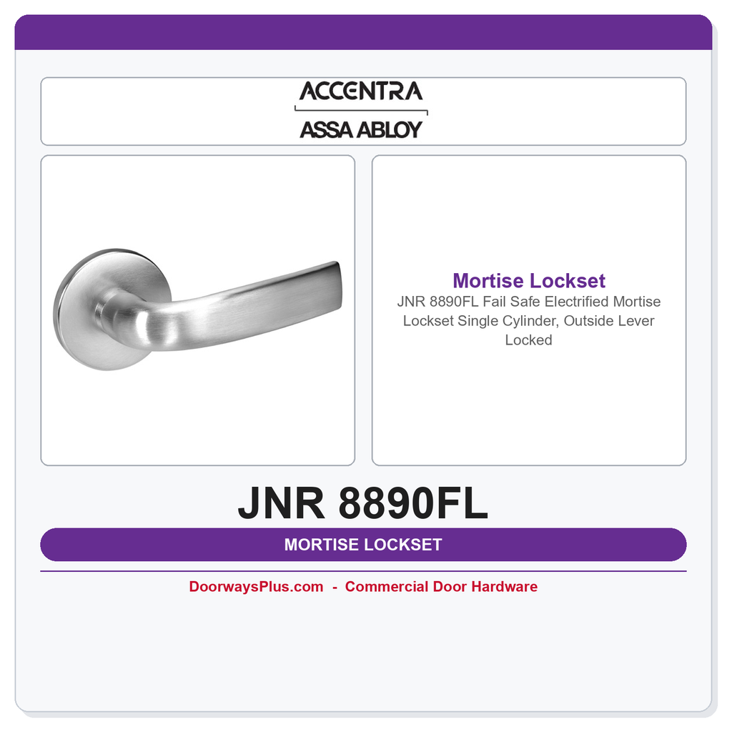 Accentra JNR 8890FL Fail Safe Electrified Mortise Lockset – Single Cylinder, Outside Lever Locked