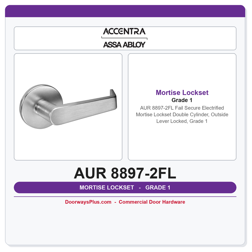 Accentra AUR 8897-2FL Fail Secure Electrified Mortise Lockset – Double Cylinder, Outside Lever Locked, Grade 1