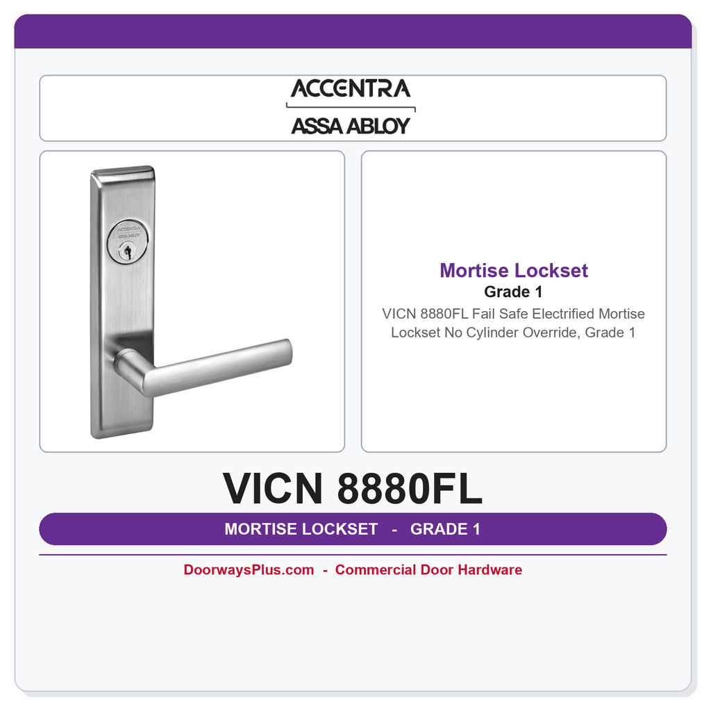 Accentra VICN 8880FL Fail Safe Electrified Mortise Lockset – No Cylinder Override, Grade 1