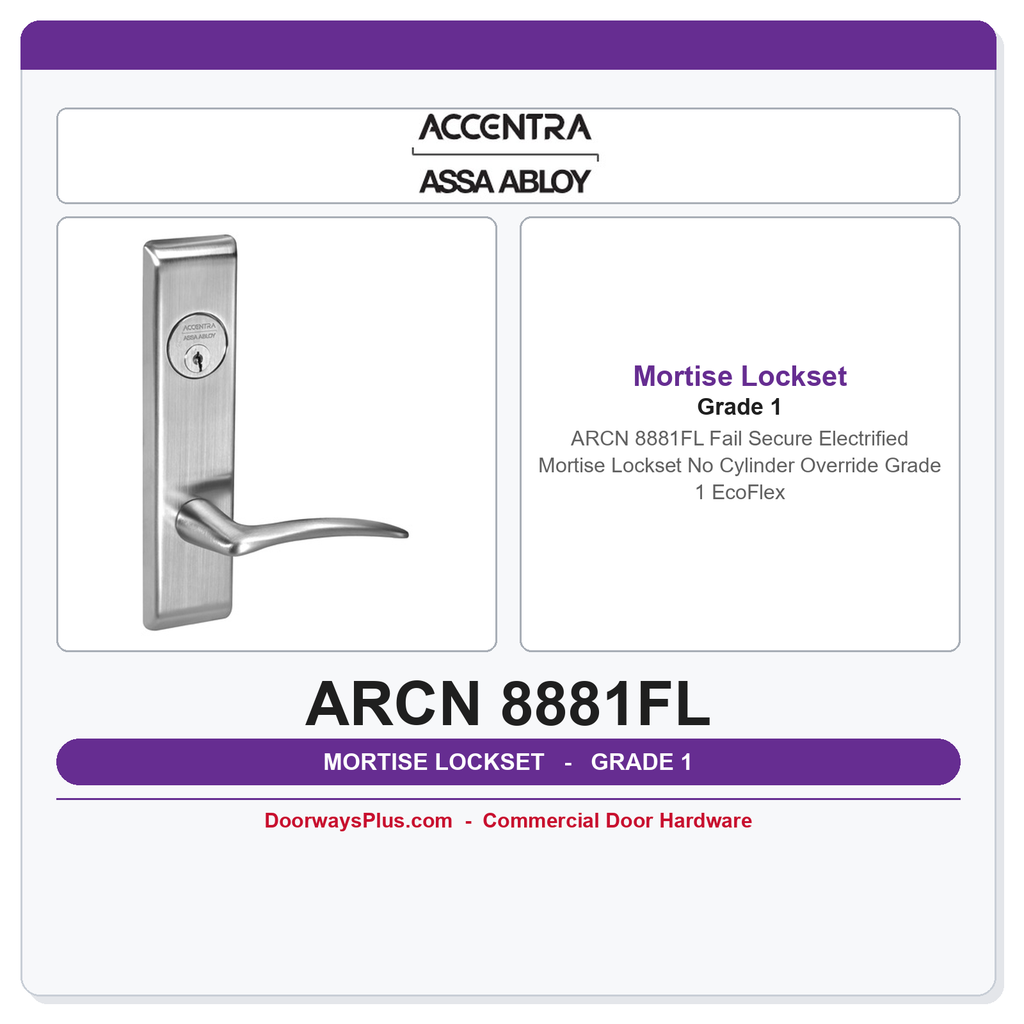 Accentra ARCN 8881FL Fail Secure Electrified Mortise Lockset | No Cylinder Override | Grade 1 EcoFlex