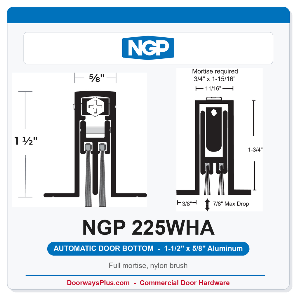 NGP 225WHA Full Mortise Automatic Door Bottom 1-1/2" x 5/8" Nylon Brush | Aluminum | National Guard