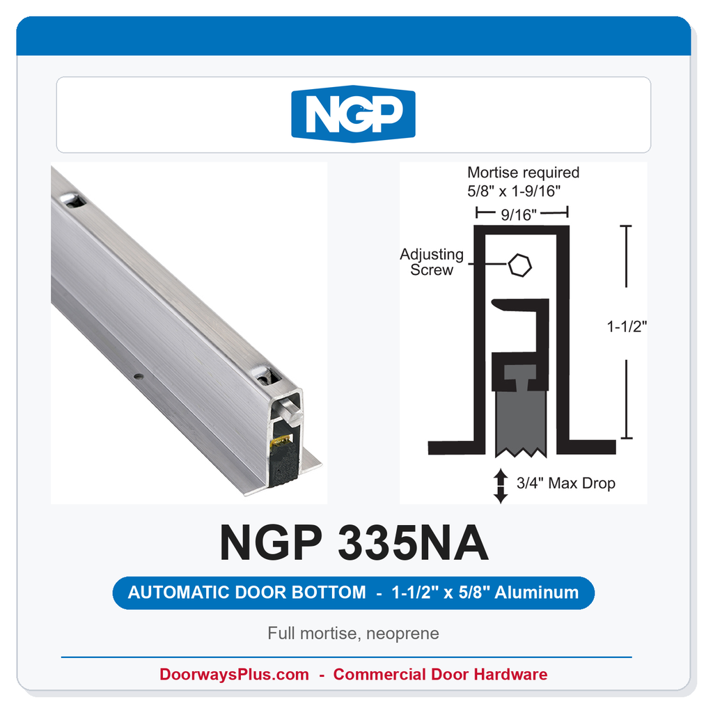 NGP 335NA Full Mortise Automatic Door Bottom 1-1/2" x 5/8" Black Neoprene | Aluminum | National Guard