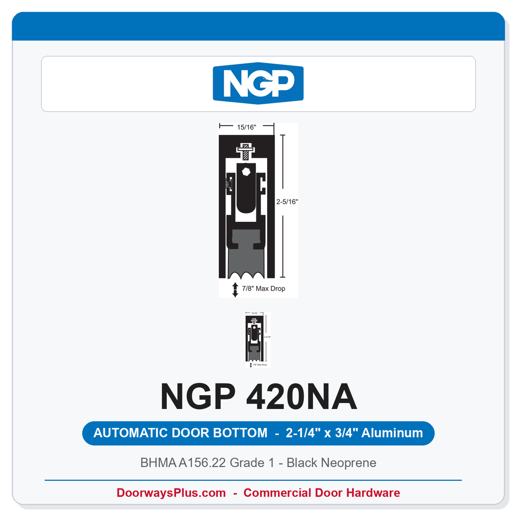 NGP 420NA Surface Mounted Automatic Door Bottom 2-1/4" x 3/4" Black Neoprene | Aluminum | National Guard