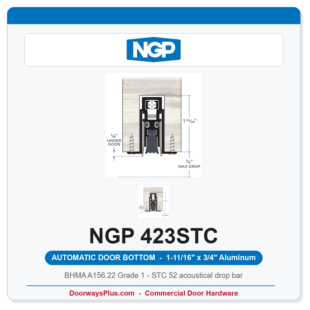 NGP 423STC Full Mortise Automatic Door Bottom 1-11/16" x 3/4" STC 52 acoustical drop bar | Aluminum | National Guard