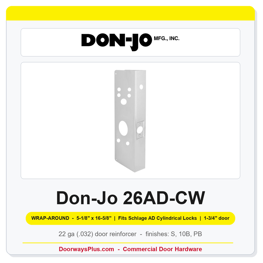 Don-Jo 26AD-CW Wrap-Around Plate | 5-1/8" x 16-5/8" | Fits Schlage AD Cylindrical Locks | 2-3/4" Backset, 1-3/4" Door