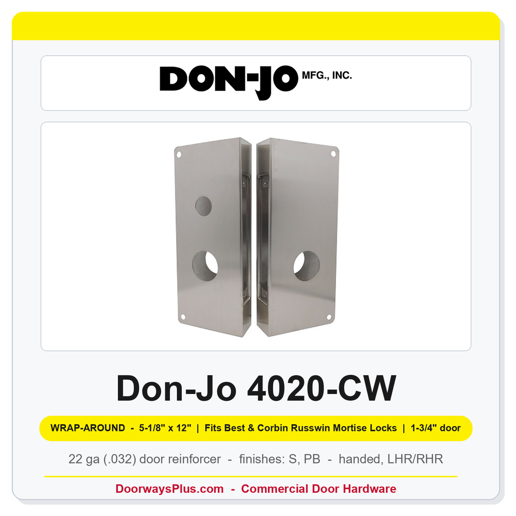 Don-Jo 4020-CW Wrap-Around Plate | 5-1/8" x 12" | Fits Best & Corbin Russwin Mortise Locks | 2-3/4" Backset, 1-3/4" Door